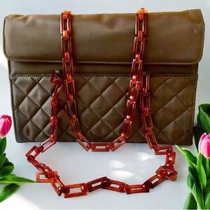 Vintage Brown Quilted Nylon Shoulder Handbag Plastic Chain Handles New